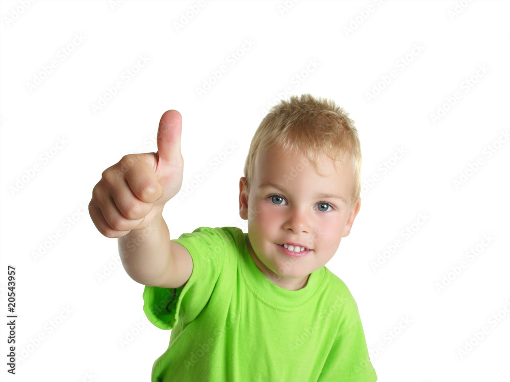 smiling boy shows ok gesture isolated on white background smiling boy shows ok gesture isolated on white background