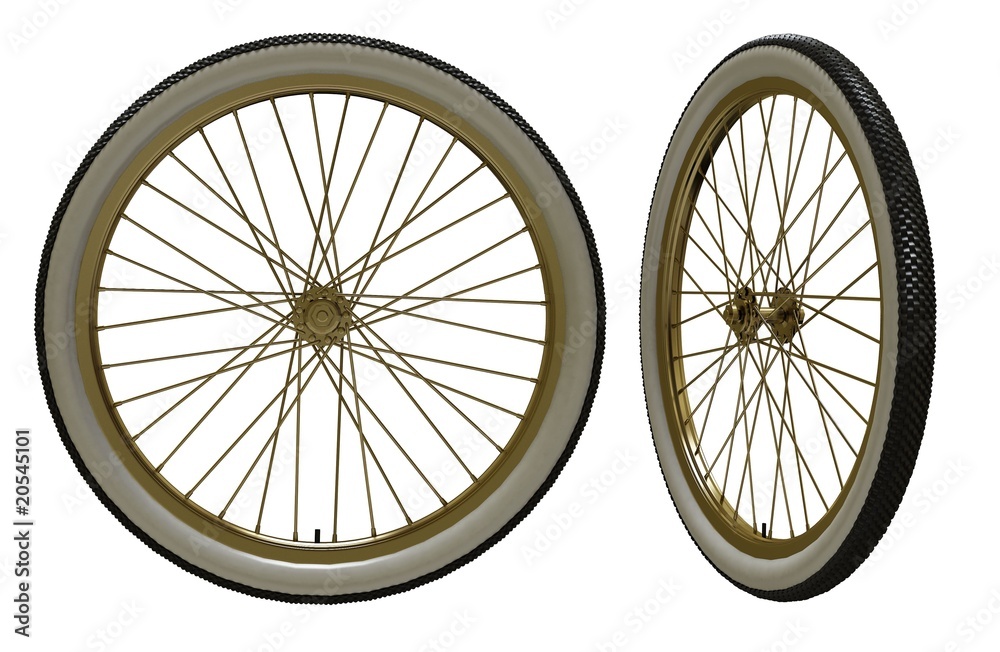 Bicycle vintage wheel, white wall, isolated on white