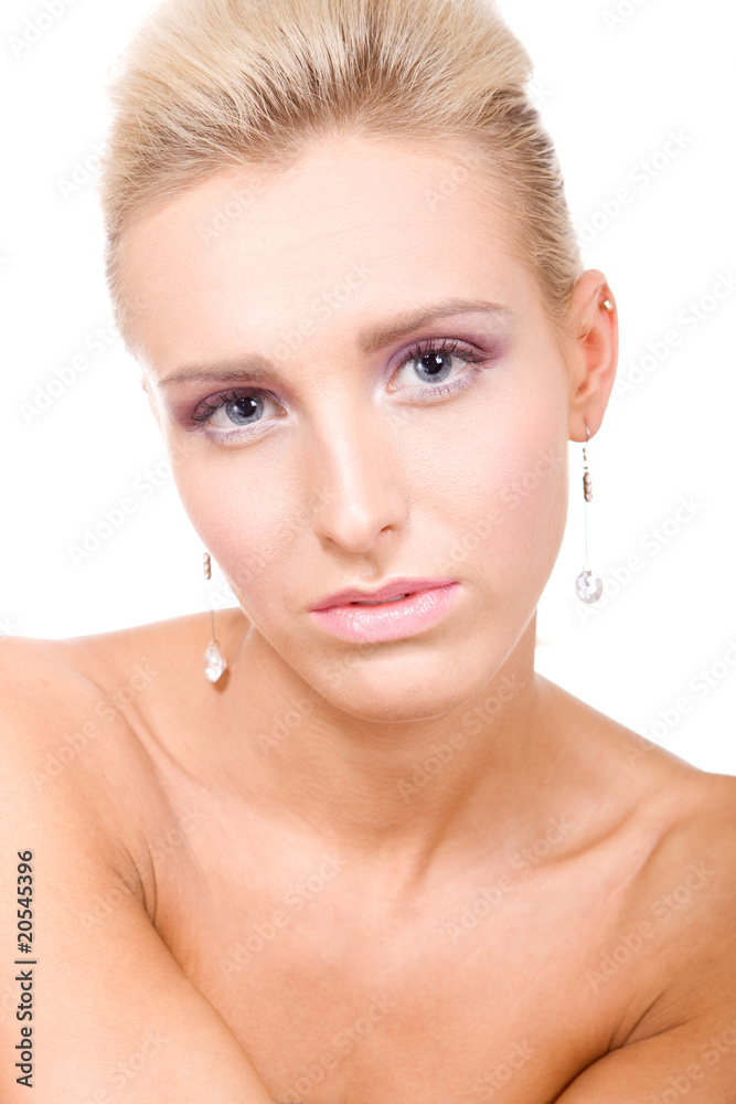 Young beautiful blond woman on white background in photo studio Young beautiful blond woman on white background in photo studio