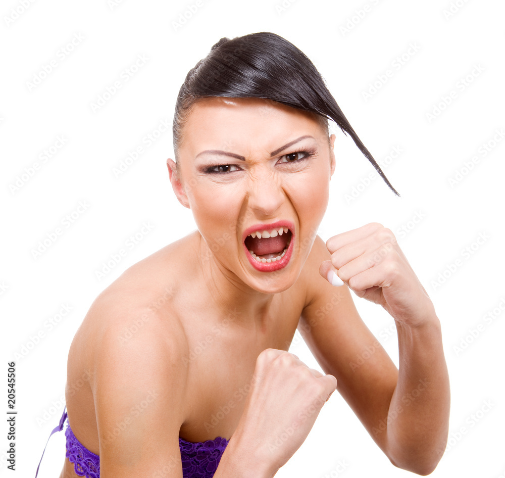 Aggressive girl with hair stiling on white background Aggressive girl with hair stiling on white background