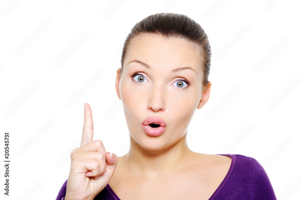 wondering young woman with up index finger wondering young woman with up index finger