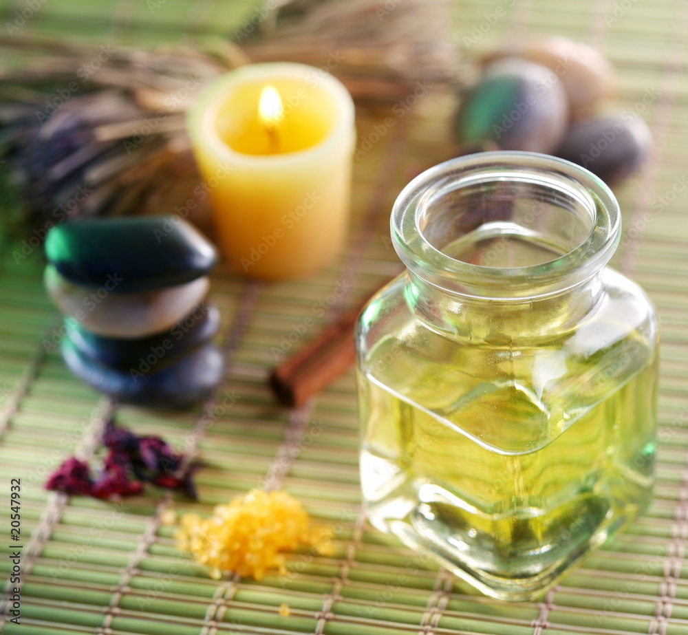 Still life with massage oil in the spa salon Still life with massage oil in the spa salon