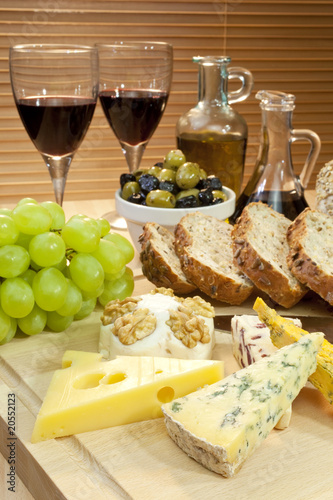 Cheese, Wine, Grapes, Olives, Bread, Balsamic Vinegar, Olive Oil
