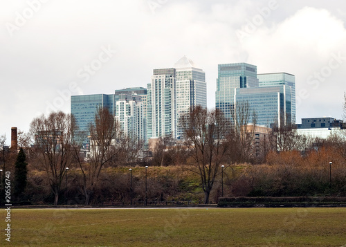 Canary Wharf buildings in London seen from a park in the Isle of © kmiragaya