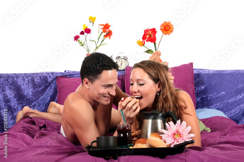 Couple, bedroom breakfast