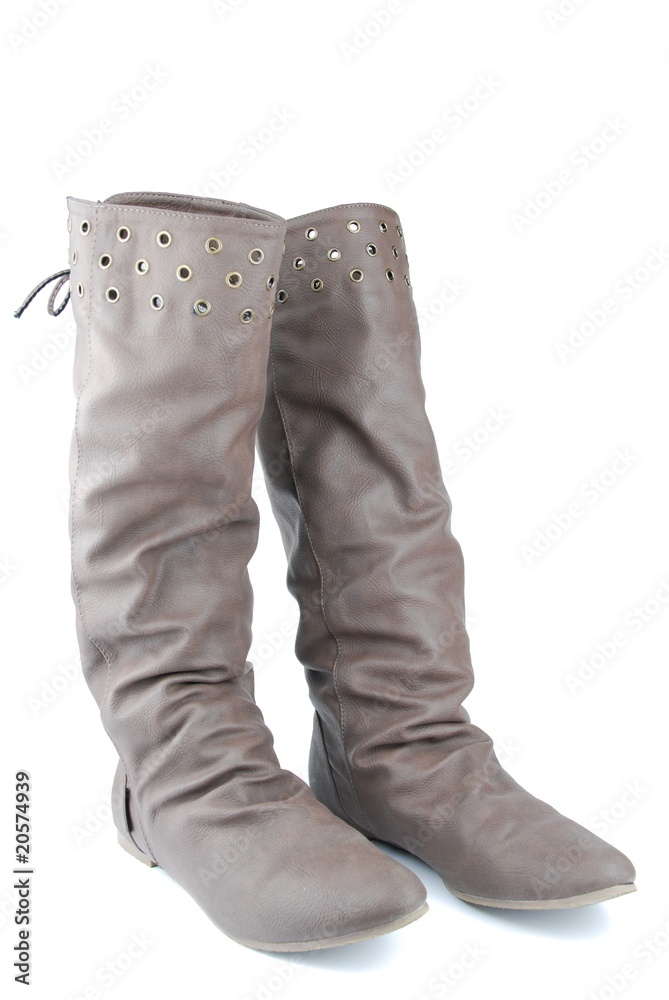 Women leather dark brown boots on white