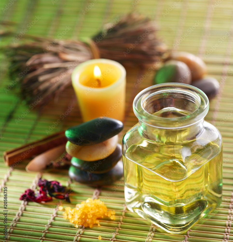 Still life with massage oil in the spa salon Still life with massage oil in the spa salon