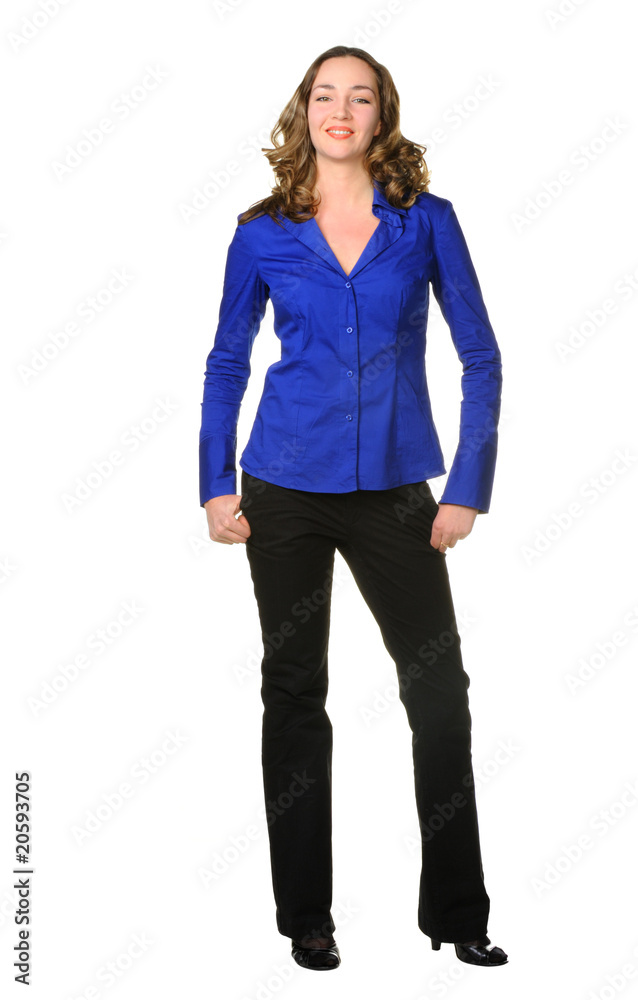 The attractive girl in trousers and dark blue shirt The attractive girl in trousers and dark blue shirt