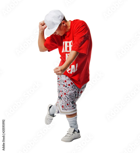 Breakdance performer on white background