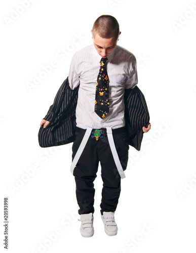 Fashionate hip-hop young man on white photo