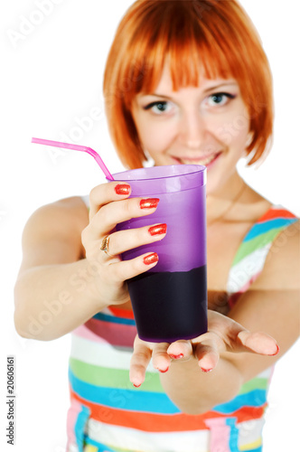 Beautiful red girl with glass of soda