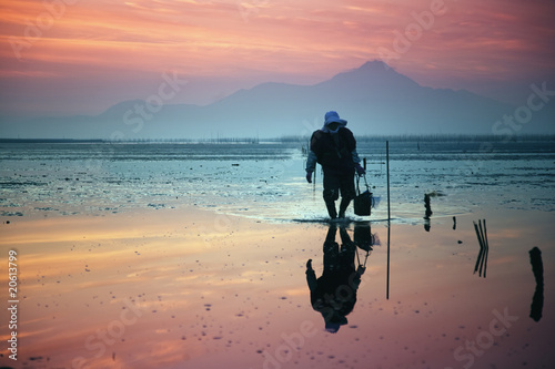 Clam collector silhouette at sunset.Kumamoto,Japan