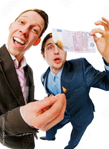 Two businessmen ready to set on fire euro banknote