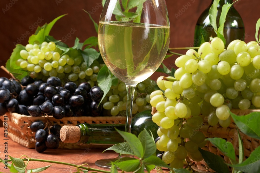 White dry wine, fresh clusters of a grapes