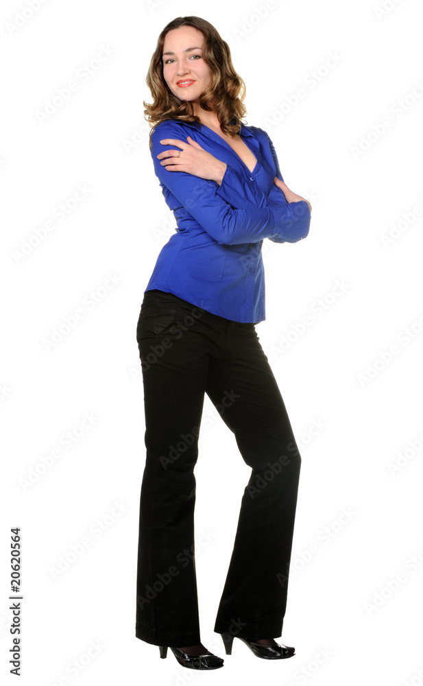 The attractive girl in trousers and dark blue shirt The attractive girl in trousers and dark blue shirt