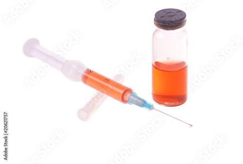 Syringe with injection and bottle