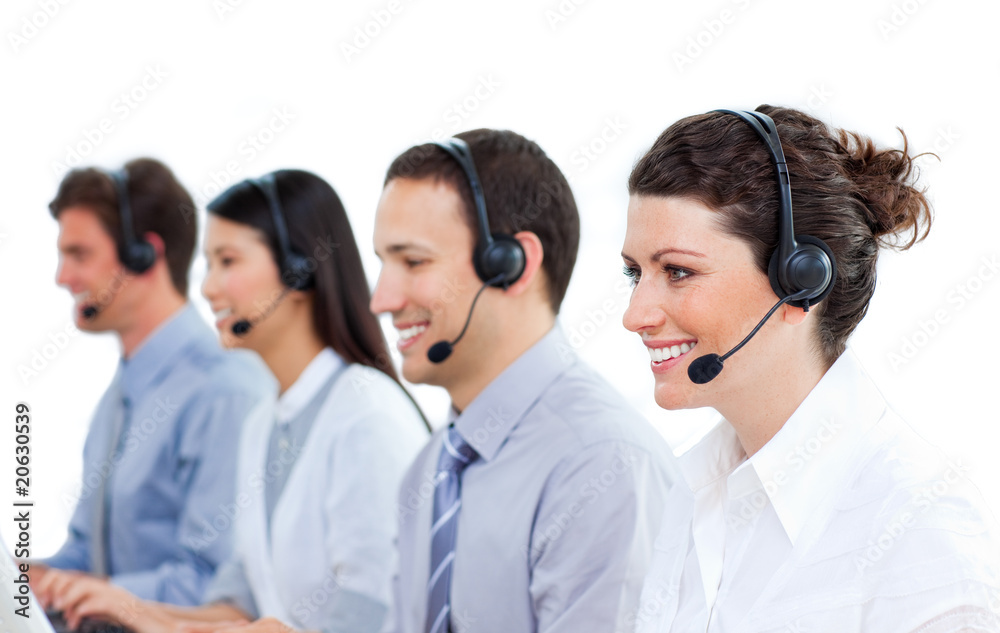 Multi-ethnic business people talking on headset Multi-ethnic business people talking on headset