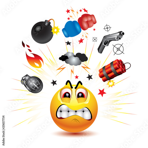 Smiley ball with symbols of  fight and anger