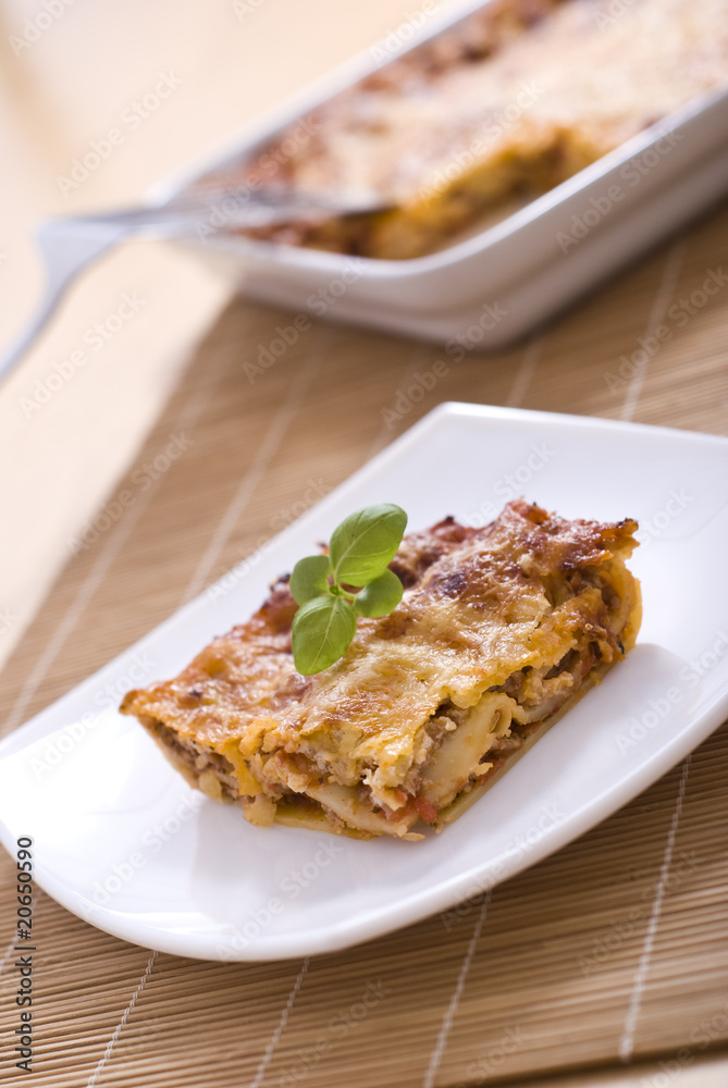 Lasagna on white plate