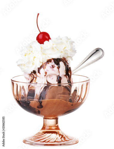 Hot Fudge Sundae On Strawberry And Chocolate Ice Cream