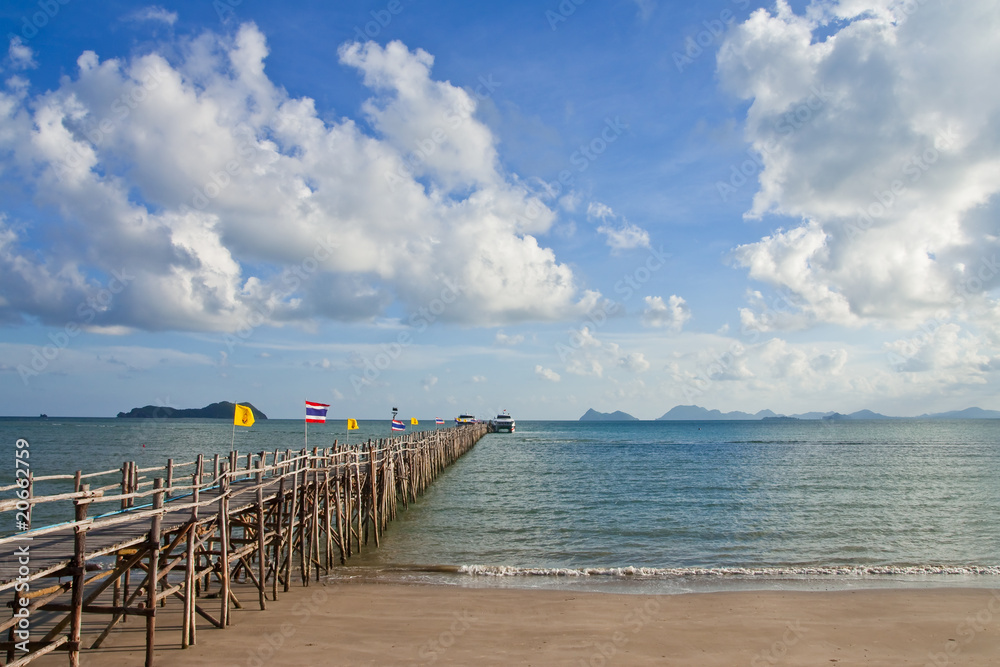 Fototapeta premium Wood jetty in southern Thai sea, Chumporn province, Thailand