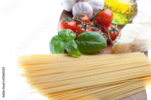 Arrangement of the basic ingredients for italian spaghetti.