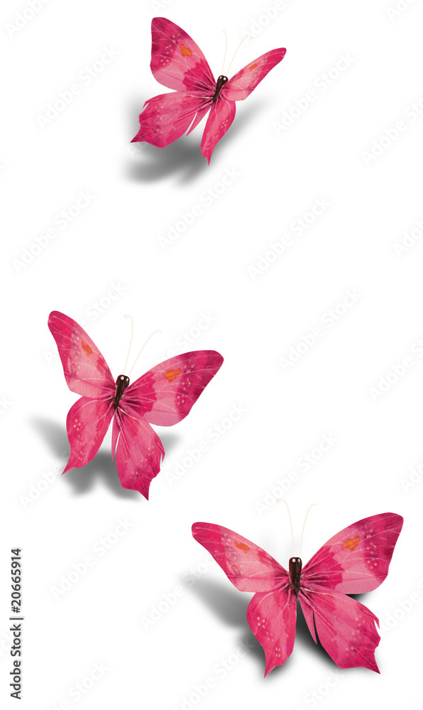 Three pink decorative paper butterflies isolated on white Stock