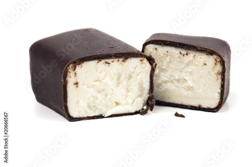 Broken Cottage cheese rod with chocolate isolated on white