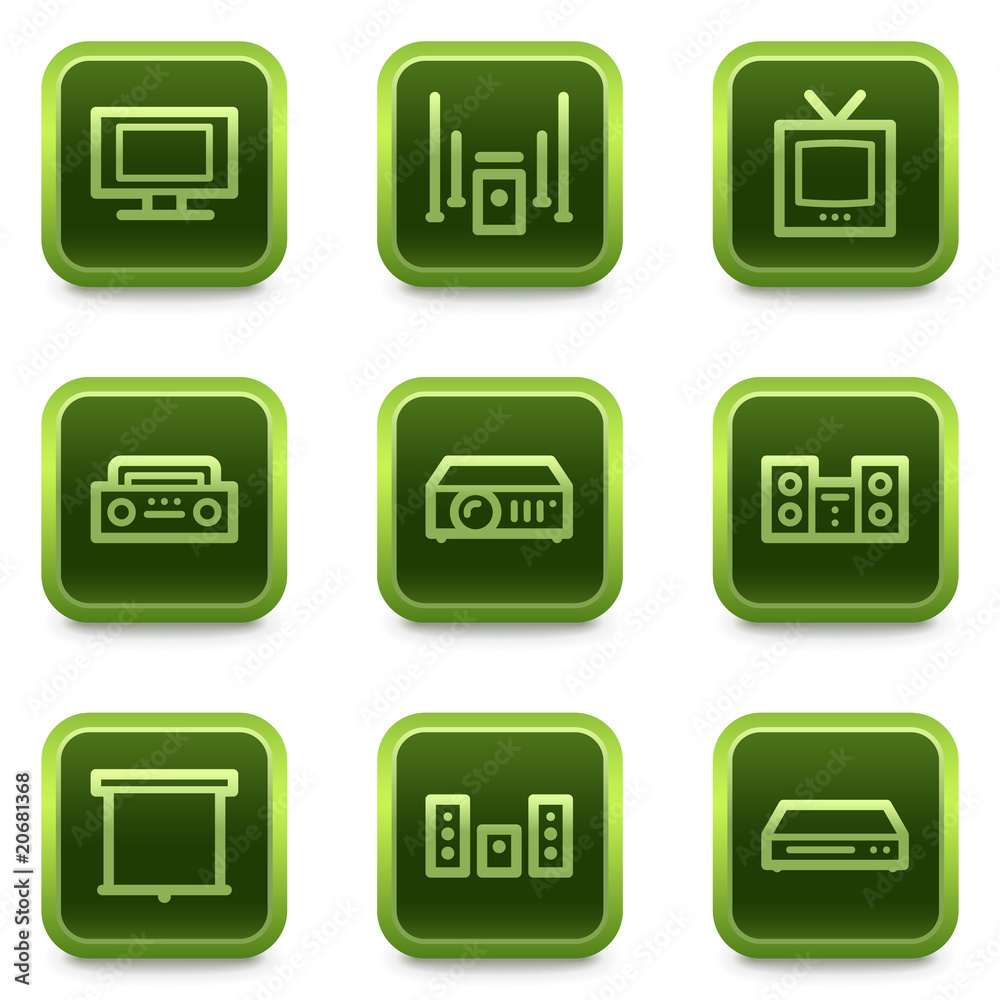 Audio video web icons, green square buttons series Audio video web icons, green square buttons series