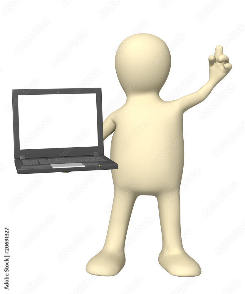 3d puppet with laptop in hand 3d puppet with laptop in hand