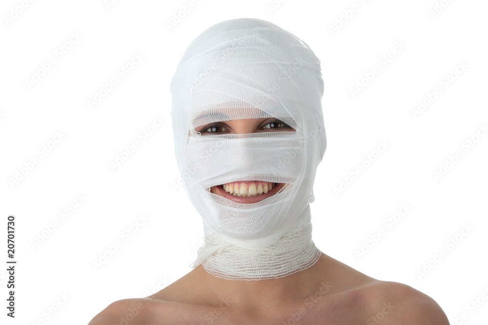 Young and beautiful woman with bandage on head Young and beautiful woman with bandage on head