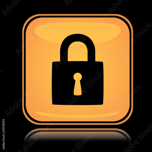 Yellow square icon locked padlock with reflection over black