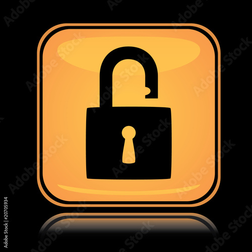 Yellow square icon unlocked padlock with reflection over black