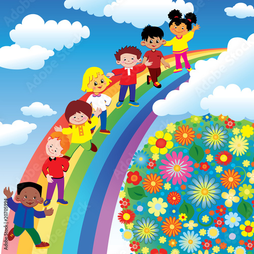 Children on rainbow slide. Vector art-illustration.