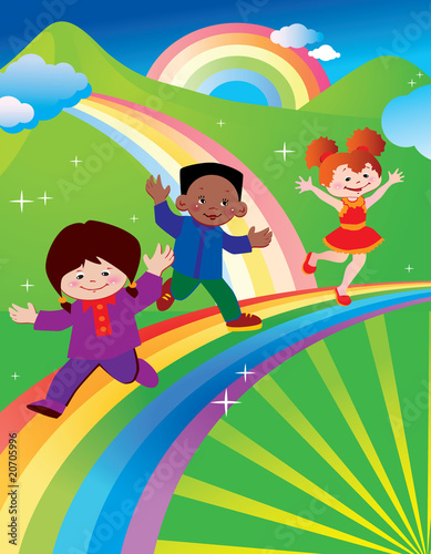 Kids are running around on a rainbow.