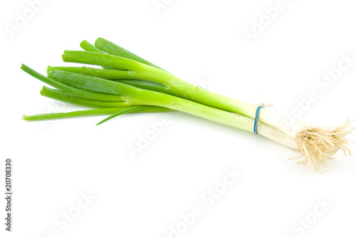 Bunch of fresh spring onions over white background