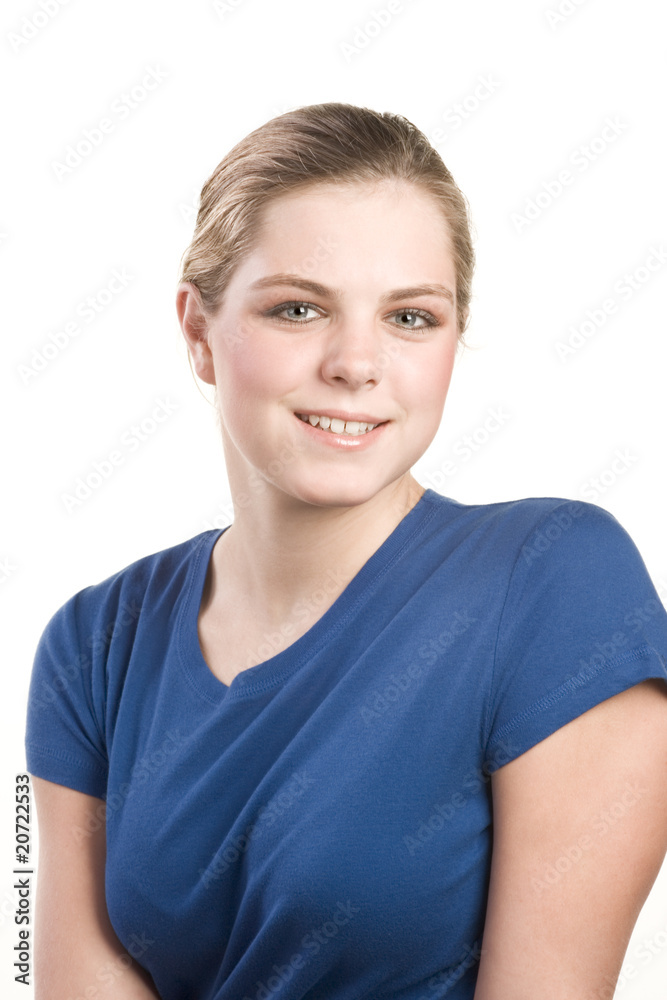Headshot portrait of teenage girl in blue blouse Headshot portrait of teenage girl in blue blouse