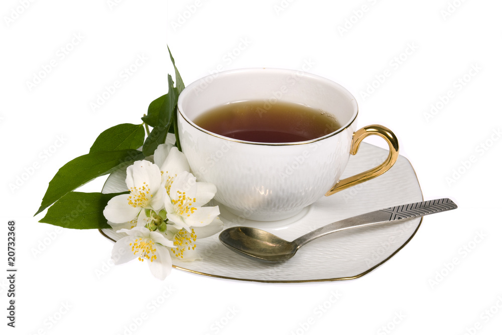 White cup of tea with jasmine flowers isolated on white White cup of tea with jasmine flowers isolated on white