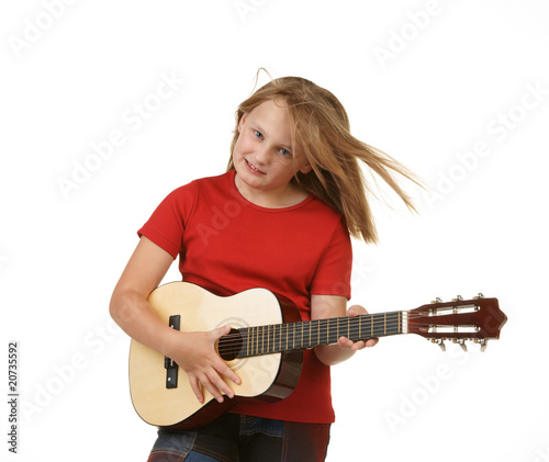 girl playing guitar on white
