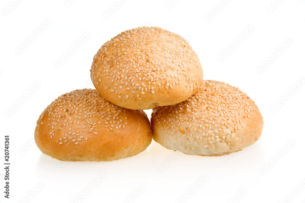 Three Baked Buns with Sesame Isolated