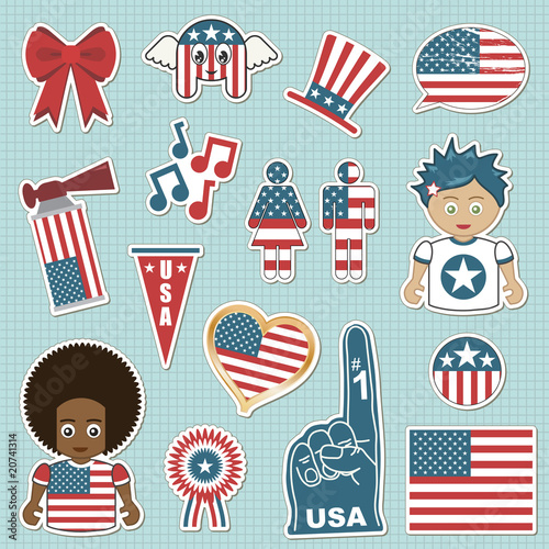 usa stars and stripes flag supporter stickers vector peely clipart icons on blue background