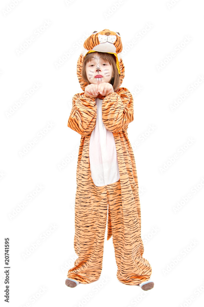 little girl wearing tiger costume isolated on white