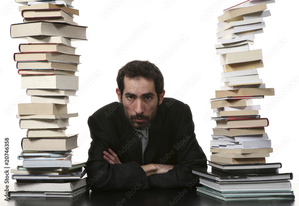 two piles books and a man two piles books and a man