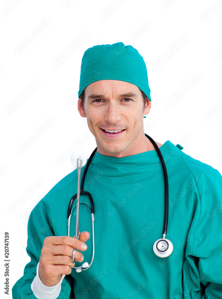 Portrait of a male surgeon holding surgical forceps