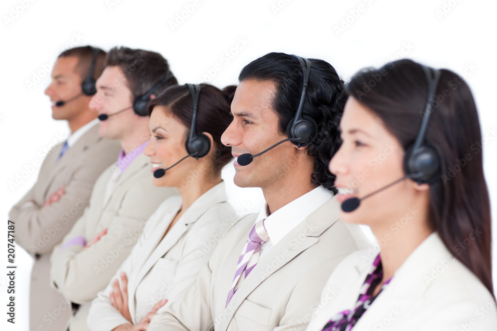 Confident business team lining up with headset on Confident business team lining up with headset on