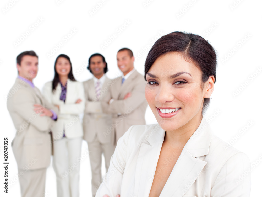 Portrait of latin businesswoman smiling with his team Portrait of latin businesswoman smiling with his team
