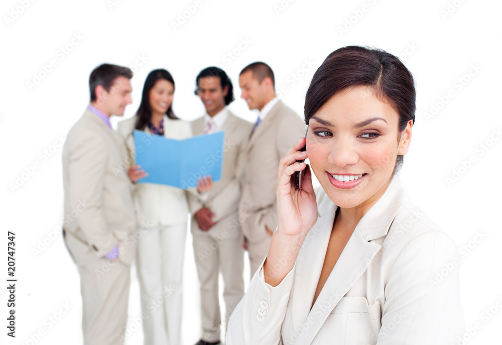 Portrait of an elegant businesswoman on phone with her team Portrait of an elegant businesswoman on phone with her team