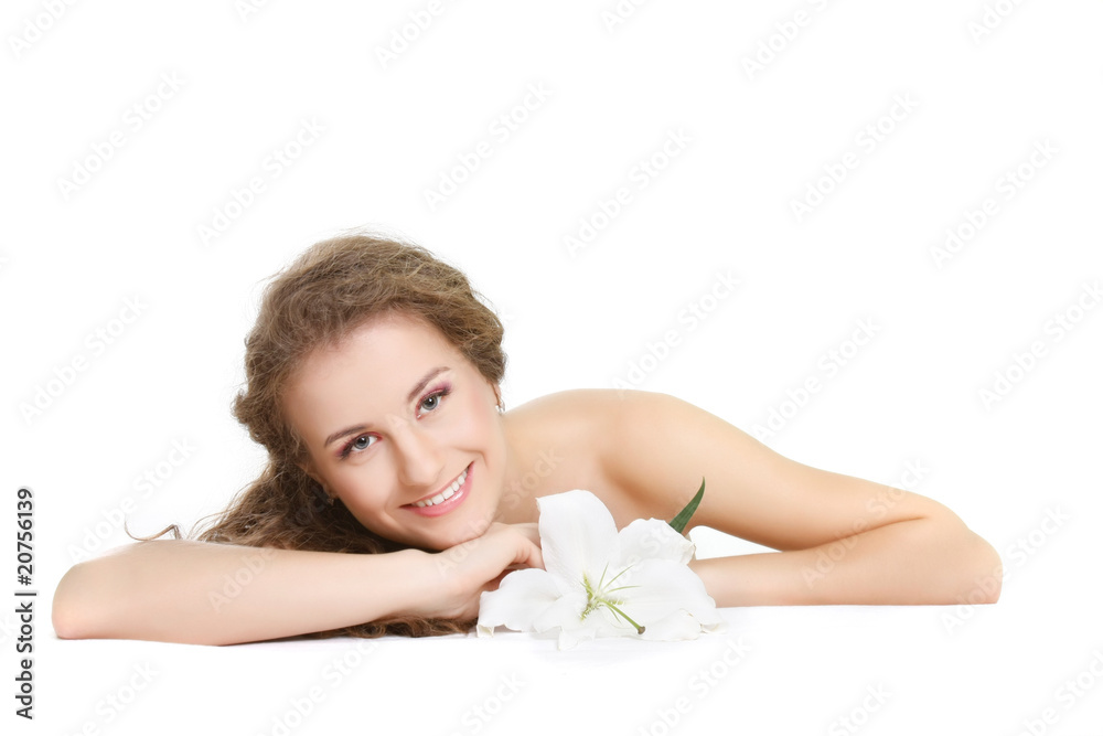 studio shot of beautiful woman with white lily flower studio shot of beautiful woman with white lily flower