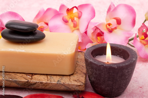 Aromatherapy candle, soap and orchid