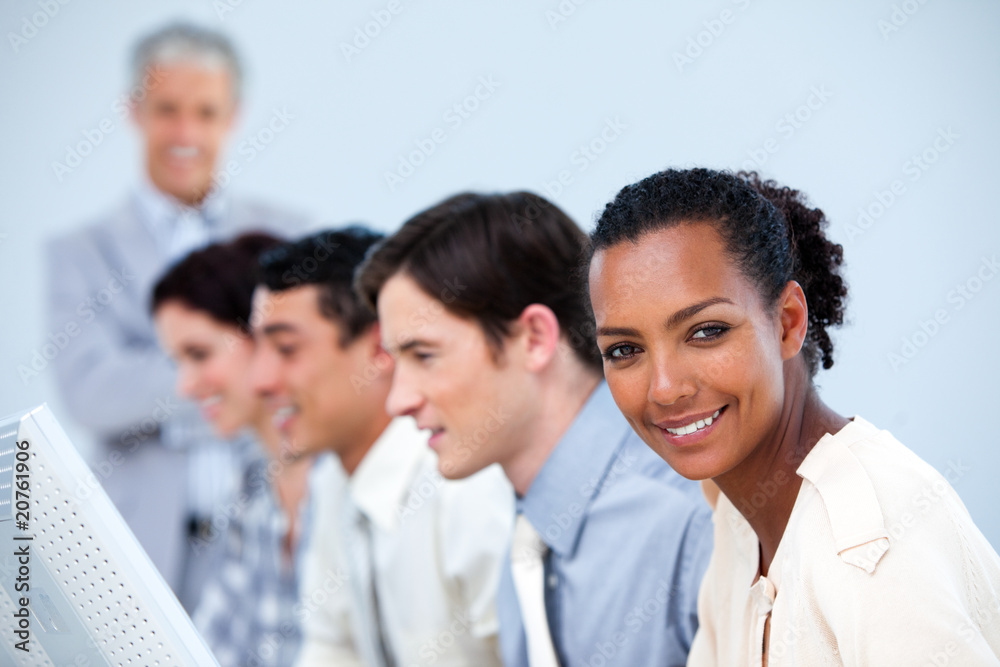 Confident business people with their senior manager Confident business people with their senior manager